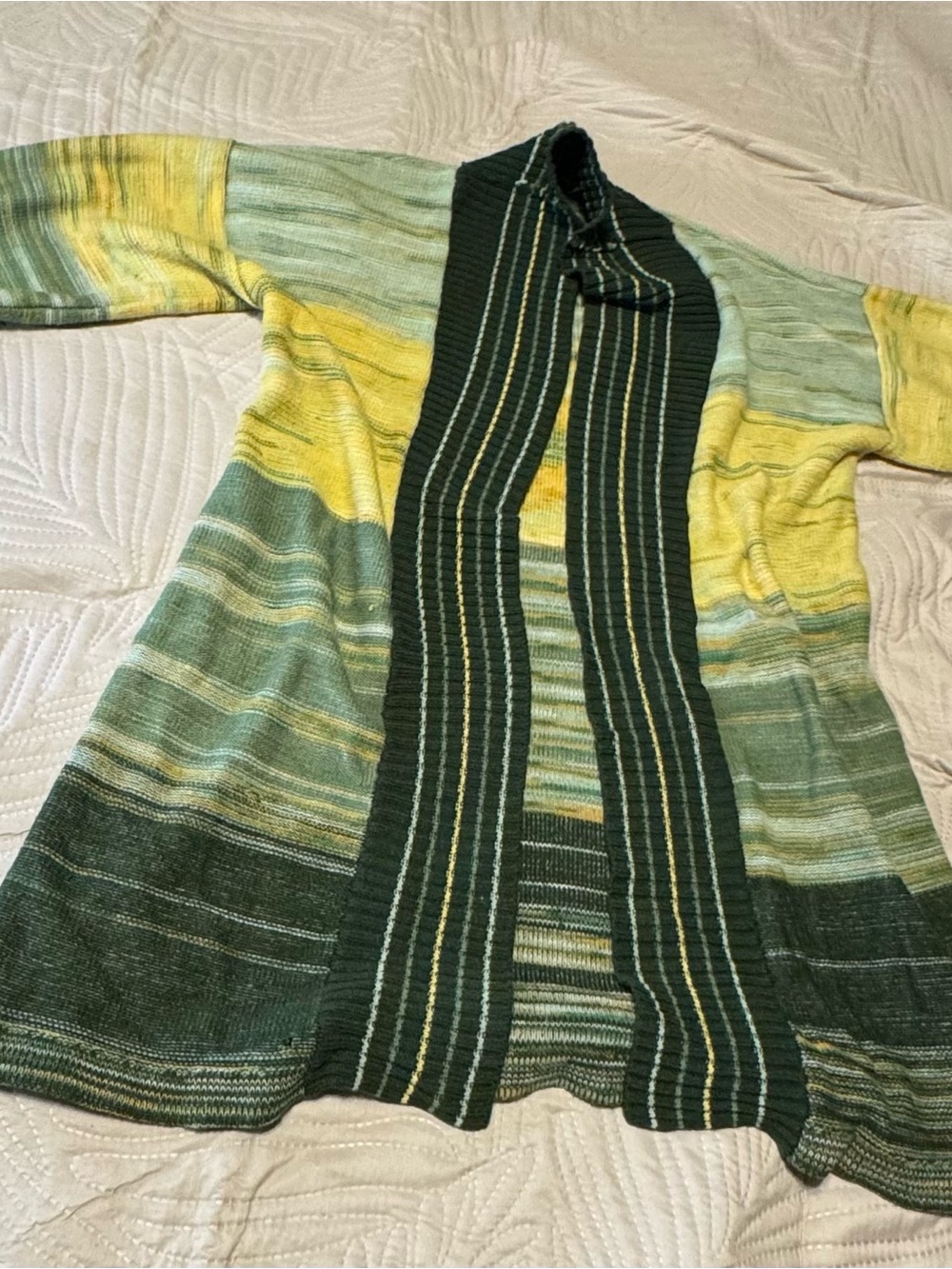 Source Unknown Green and Yellow Striped Open-Front Cardigan